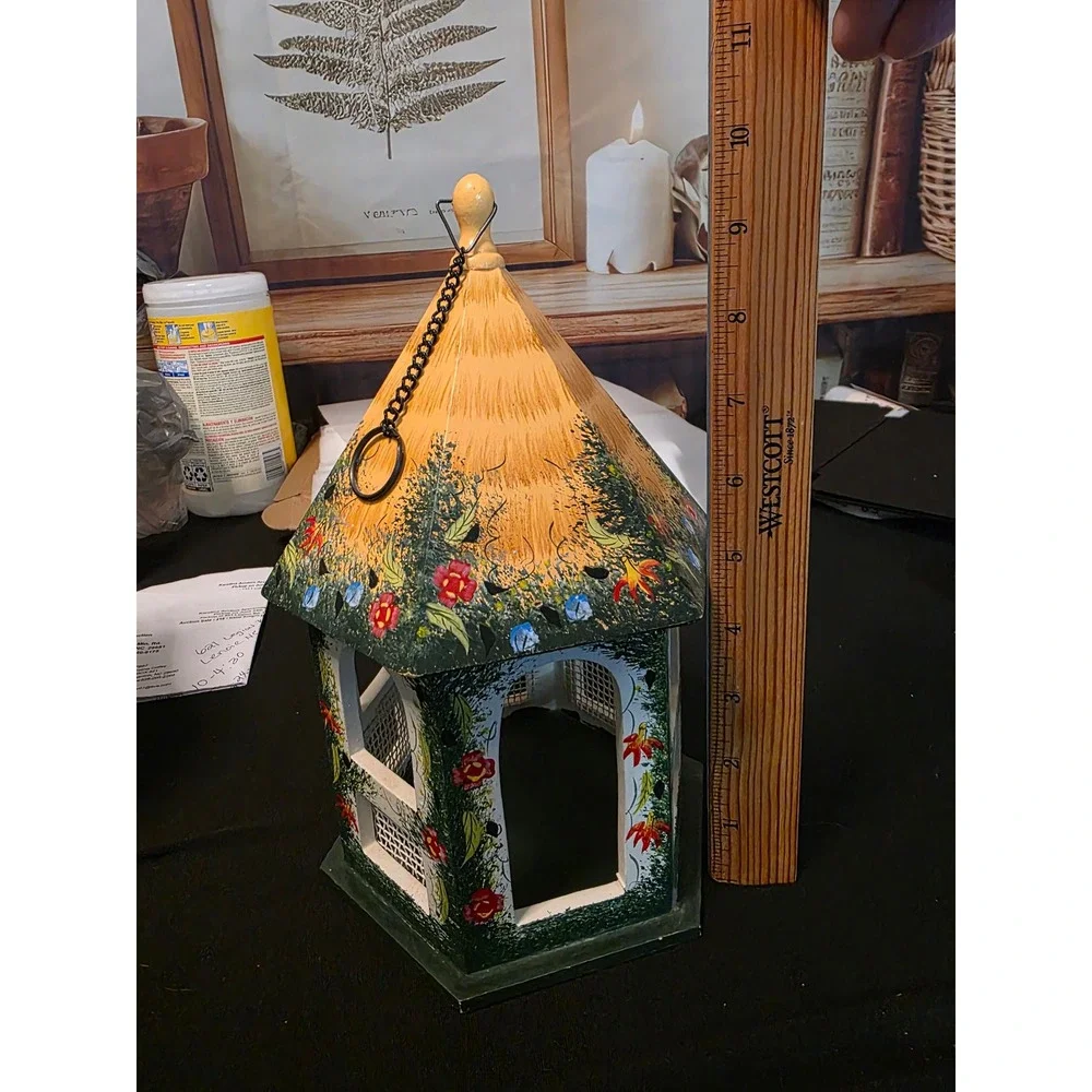 Hand Painted Wooden Birdhouse Floral Cottage Garden Decor Hexagon Hanging 12in